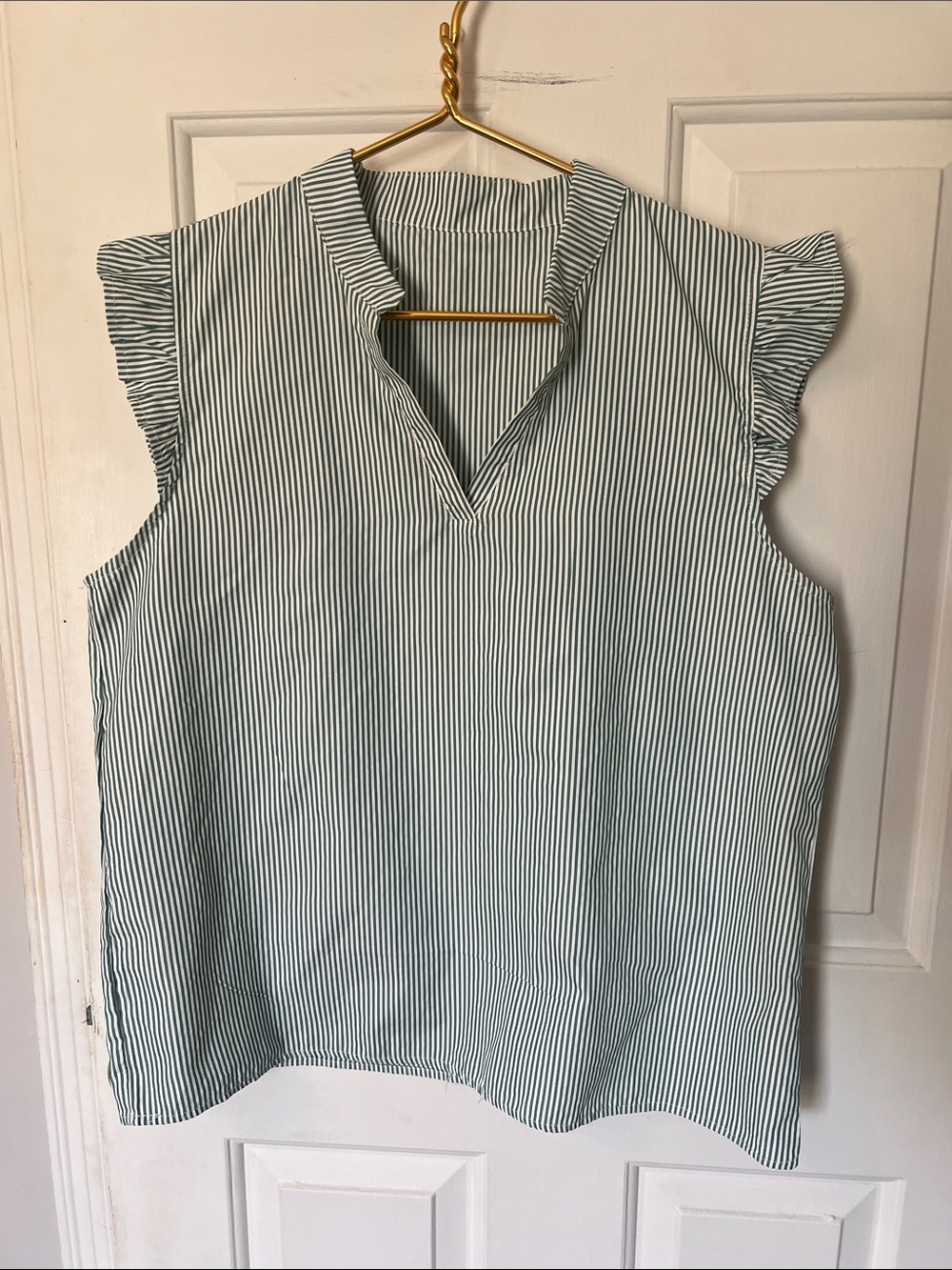 Sleeveless Green Pinstripe V-Neck Ruffle Blouse